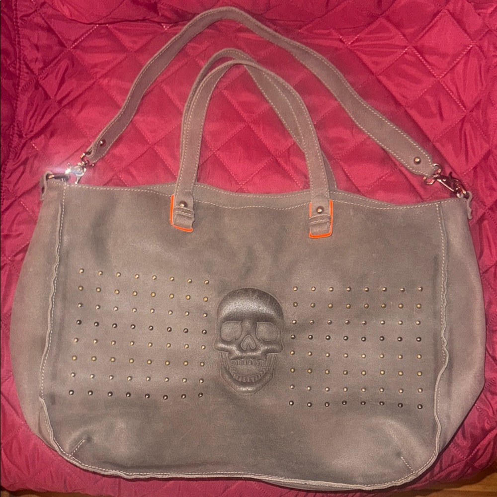 🇮🇹 Made Gray Skull Studded Leather Suede Tote Bag Gianni Notaro 🇮🇹